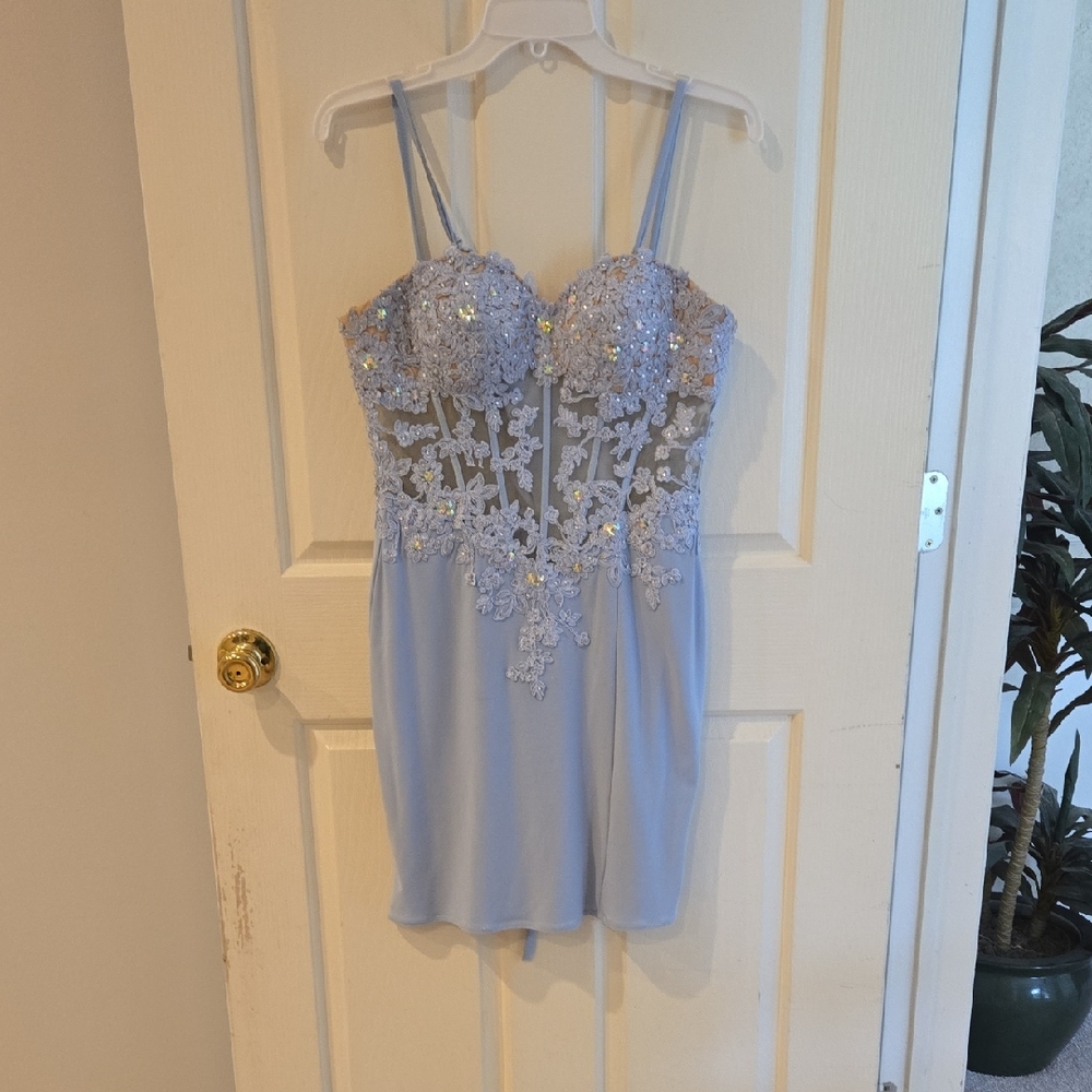 Blue Embellished Bodycon Mini Dress